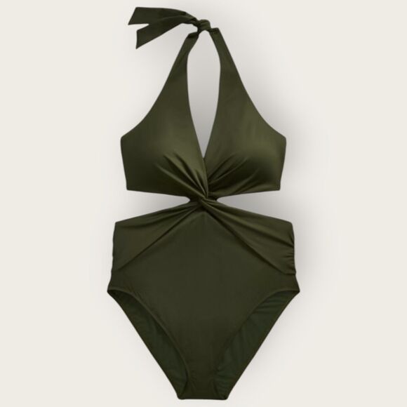 NEW Lauren‎ Ralph Lauren Twist-Front Cutout Halter One-Piece Olive Green Size 10 - Picture 1 of 9